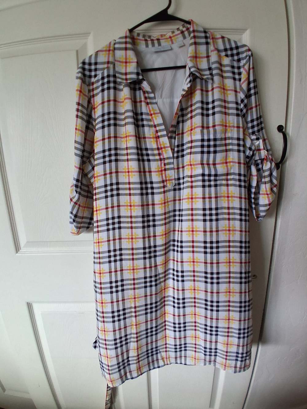 New York & Company White Plaid Tunic with Black and Yellow Stripes